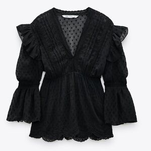 Zara Swiss Dot Ruffled Blouse Black Large New with tag
